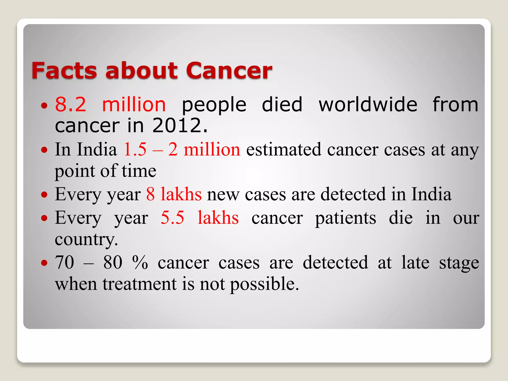 Facts about Cancer
 8.2 million people died worldwide from
cancer in 2012.
 In India 1.5 – 2 million estimated cancer cases at any
point of time
 Every year 8 lakhs new cases are detected in India
 Every year 5.5 lakhs cancer patients die in our
country.
 70 – 80 % cancer cases are detected at late stage
when treatment is not possible.
 