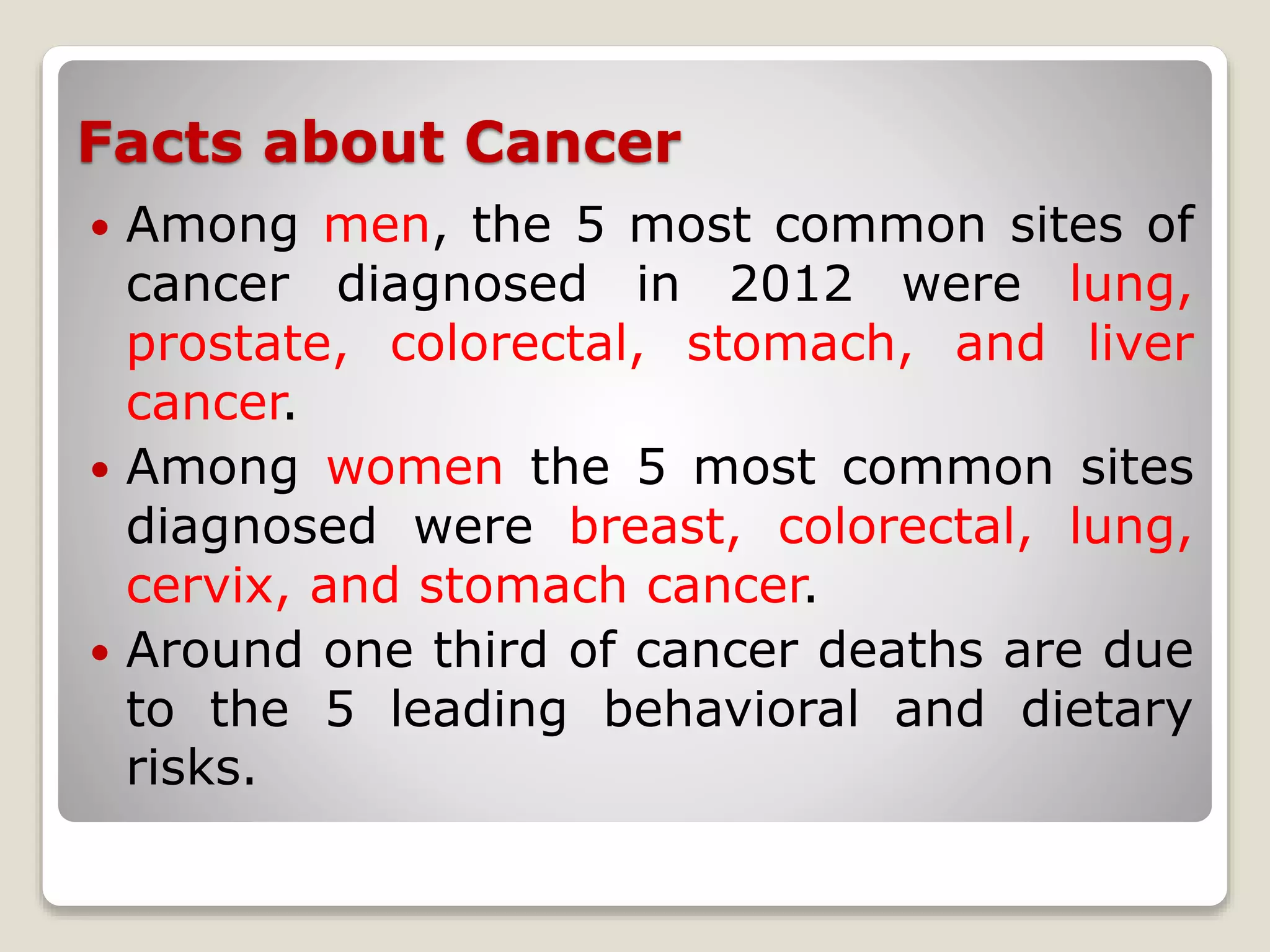 Facts about Cancer
 Among men, the 5 most common sites of
cancer diagnosed in 2012 were lung,
prostate, colorectal, stomach, and liver
cancer.
 Among women the 5 most common sites
diagnosed were breast, colorectal, lung,
cervix, and stomach cancer.
 Around one third of cancer deaths are due
to the 5 leading behavioral and dietary
risks.
 