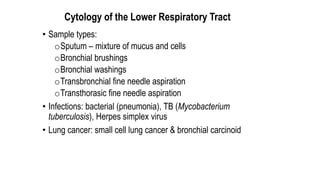 Cytology of the Lower Respiratory Tract
• Sample types:
oSputum – mixture of mucus and cells
oBronchial brushings
oBronchi...