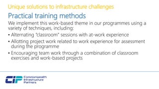 Unique solutions to infrastructure challenges
Practical training methods
We implement this work-based theme in our programmes using a
variety of techniques, including:
• Alternating “classroom” sessions with at-work experience
• Allotting project work related to work experience for assessment
during the programme
• Encouraging team work through a combination of classroom
exercises and work-based projects
 