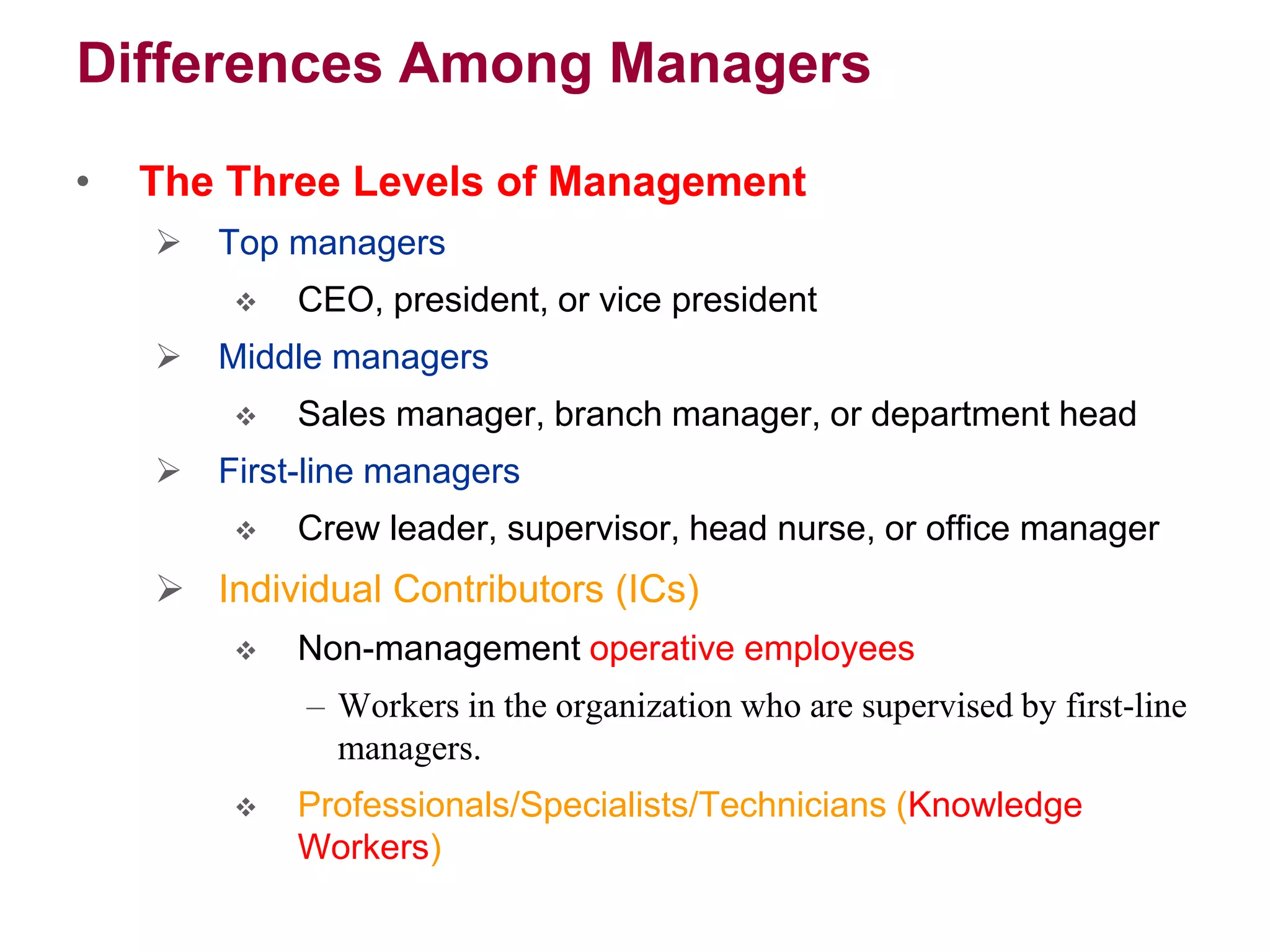 Differences Among Managers
• The Three Levels of Management
 Top managers
 CEO, president, or vice president
 Middle managers
 Sales manager, branch manager, or department head
 First-line managers
 Crew leader, supervisor, head nurse, or office manager
 Individual Contributors (ICs)
 Non-management operative employees
– Workers in the organization who are supervised by first-line
managers.
 Professionals/Specialists/Technicians (Knowledge
Workers)
 