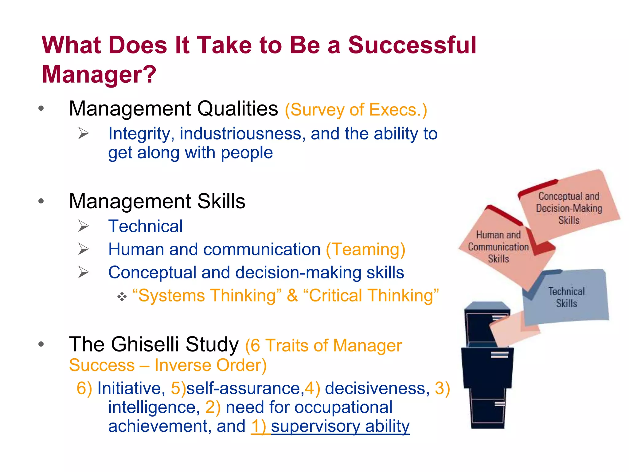 What Does It Take to Be a Successful
Manager?
• Management Qualities (Survey of Execs.)
 Integrity, industriousness, and the ability to
get along with people
• Management Skills
 Technical
 Human and communication (Teaming)
 Conceptual and decision-making skills
 “Systems Thinking” & “Critical Thinking”
• The Ghiselli Study (6 Traits of Manager
Success – Inverse Order)
6) Initiative, 5)self-assurance,4) decisiveness, 3)
intelligence, 2) need for occupational
achievement, and 1) supervisory ability
 