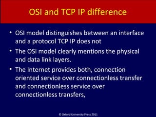 © Oxford University Press 2011
OSI and TCP IP difference
• OSI model distinguishes between an interface
and a protocol TCP IP does not
• The OSI model clearly mentions the physical
and data link layers.
• The Internet provides both, connection
oriented service over connectionless transfer
and connectionless service over
connectionless transfers,
 