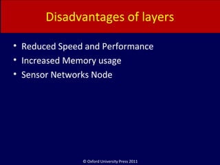 © Oxford University Press 2011
Disadvantages of layers
• Reduced Speed and Performance
• Increased Memory usage
• Sensor Networks Node
 