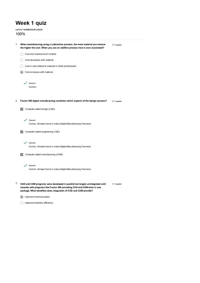 COURSERA Introduction Digital Manufacturing Fusion 360 QUESTIONS AND