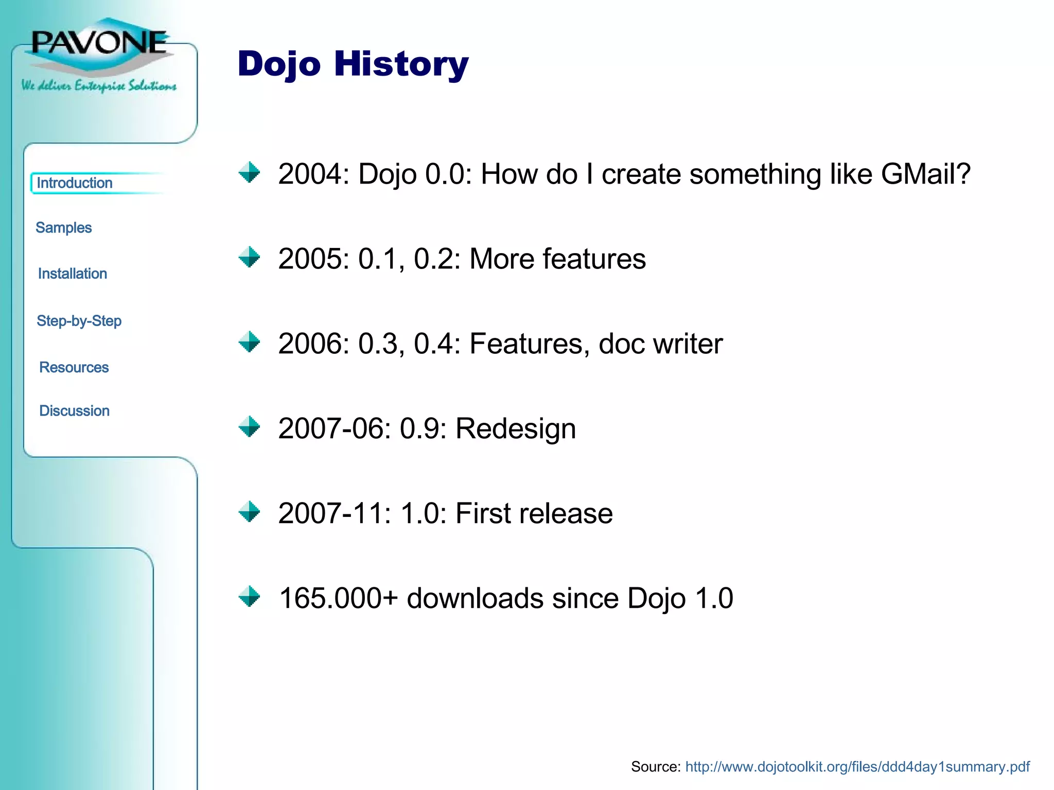 Dojo History 2004: Dojo 0.0: How do I create something like GMail? 2005: 0.1, 0.2: More features 2006: 0.3, 0.4: Features, doc writer 2007-06: 0.9: Redesign 2007-11: 1.0: First release 165.000+ downloads since Dojo 1.0 Source:  http:// www.dojotoolkit.org / files /ddd4day1summary.pdf 