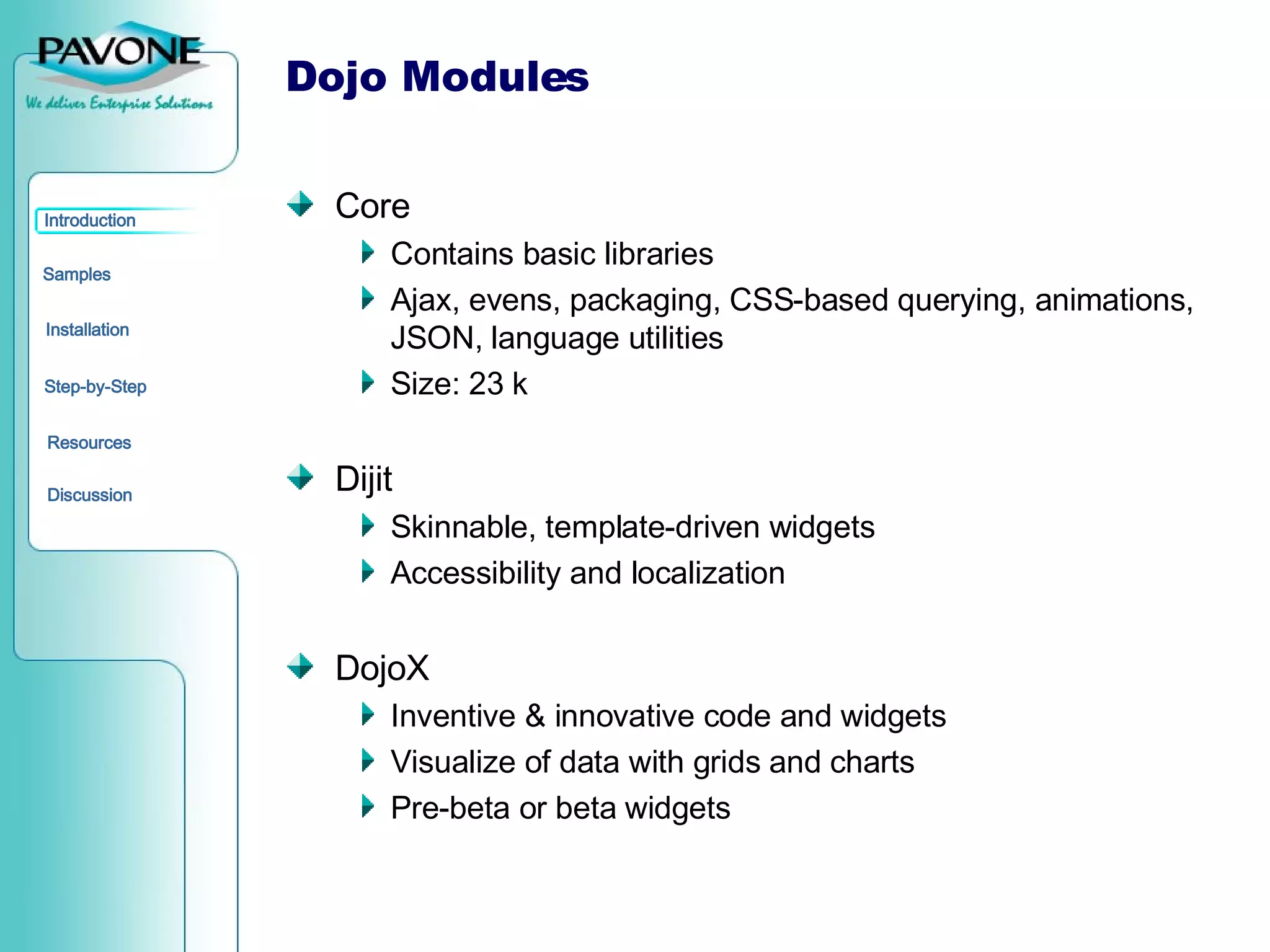 Dojo Modules Core Contains basic libraries Ajax, evens, packaging, CSS-based querying, animations, JSON, language utilities  Size: 23 k Dijit Skinnable, template-driven widgets Accessibility and localization DojoX Inventive & innovative code and widgets Visualize of data with grids and charts Pre-beta or beta widgets 