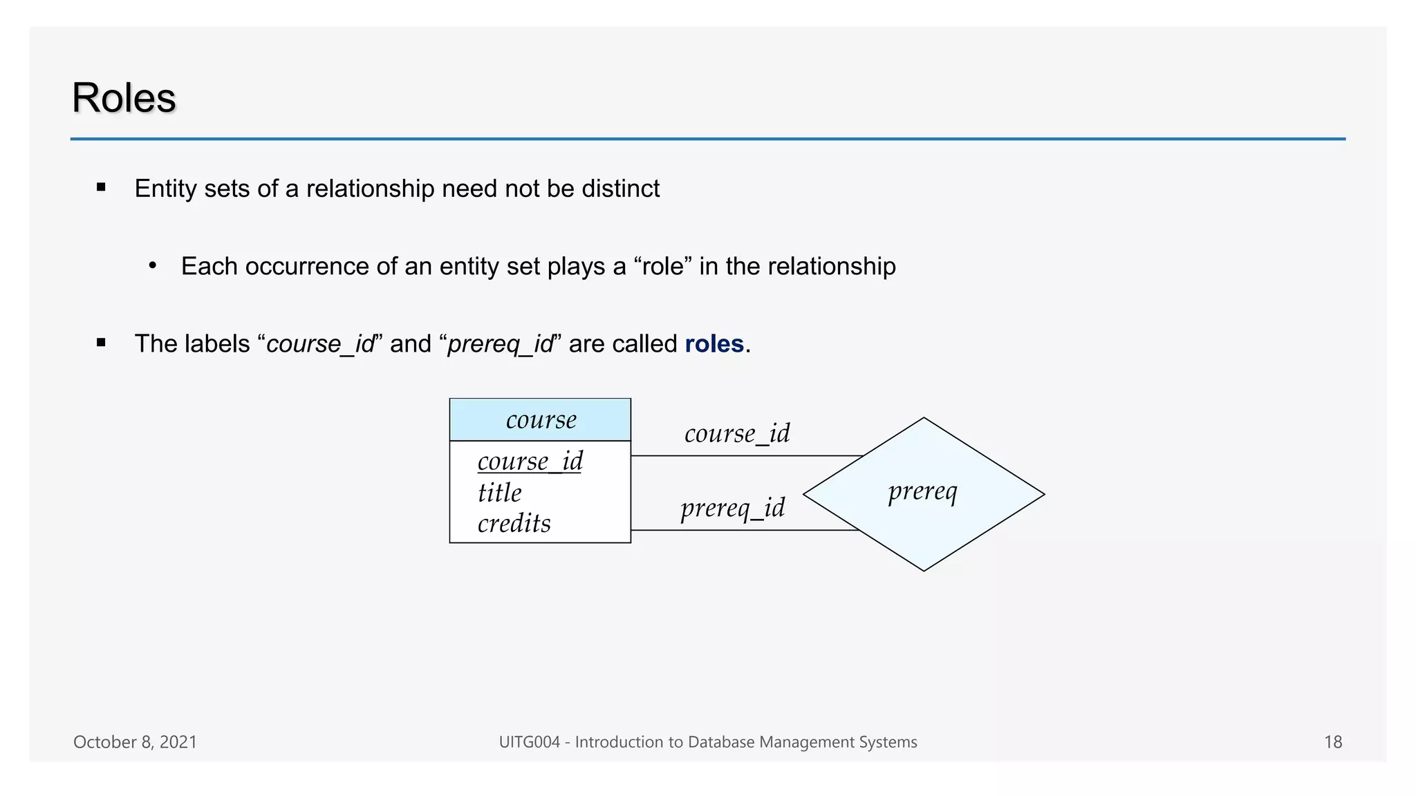 Roles
 Entity sets of a relationship need not be distinct
• Each occurrence of an entity set plays a “role” in the relationship
 The labels “course_id” and “prereq_id” are called roles.
October 8, 2021 UITG004 - Introduction to Database Management Systems 18
 