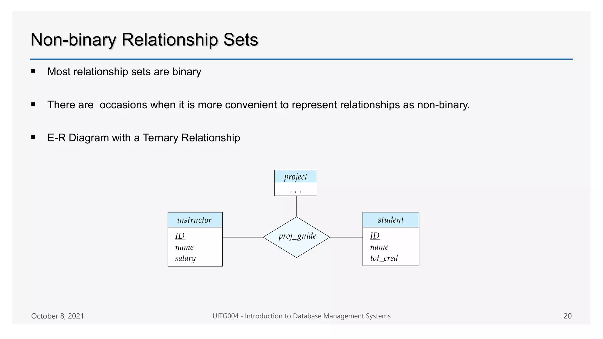 Non-binary Relationship Sets
 Most relationship sets are binary
 There are occasions when it is more convenient to represent relationships as non-binary.
 E-R Diagram with a Ternary Relationship
October 8, 2021 UITG004 - Introduction to Database Management Systems 20
 