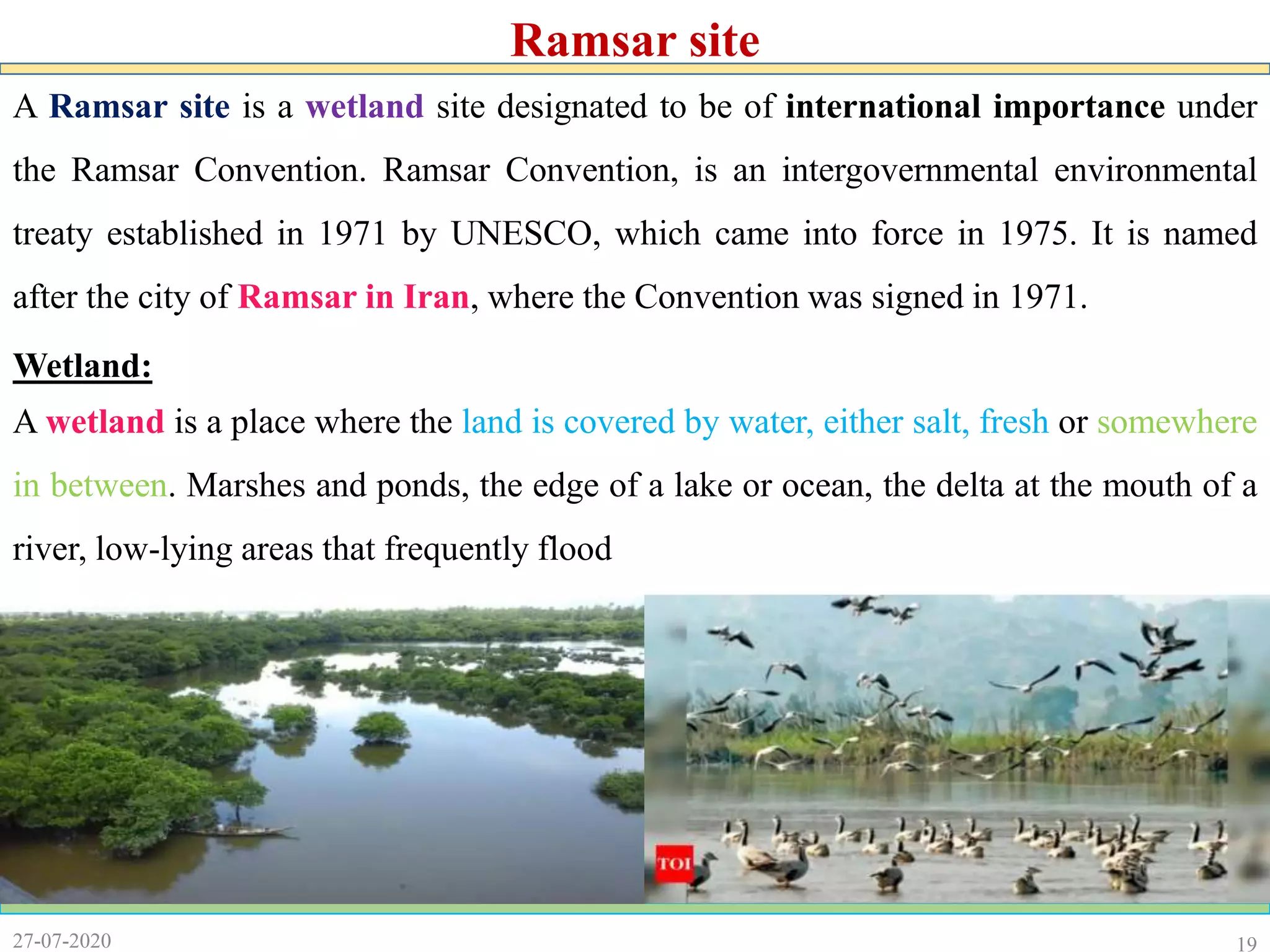 19
A Ramsar site is a wetland site designated to be of international importance under
the Ramsar Convention. Ramsar Convention, is an intergovernmental environmental
treaty established in 1971 by UNESCO, which came into force in 1975. It is named
after the city of Ramsar in Iran, where the Convention was signed in 1971.
Wetland:
A wetland is a place where the land is covered by water, either salt, fresh or somewhere
in between. Marshes and ponds, the edge of a lake or ocean, the delta at the mouth of a
river, low-lying areas that frequently flood
27-07-2020
Ramsar site
 