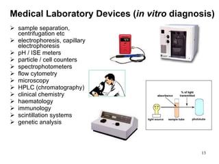 Medical Laboratory Devices ( in vitro  diagnosis) sample separation, centrifugation etc electrophoresis, capillary electrophoresis  pH / ISE meters  particle / cell counters spectrophotometers  flow cytometry  microscopy HPLC (chromatography) clinical chemistry haematology immunology s cintillation systems genetic analysis  