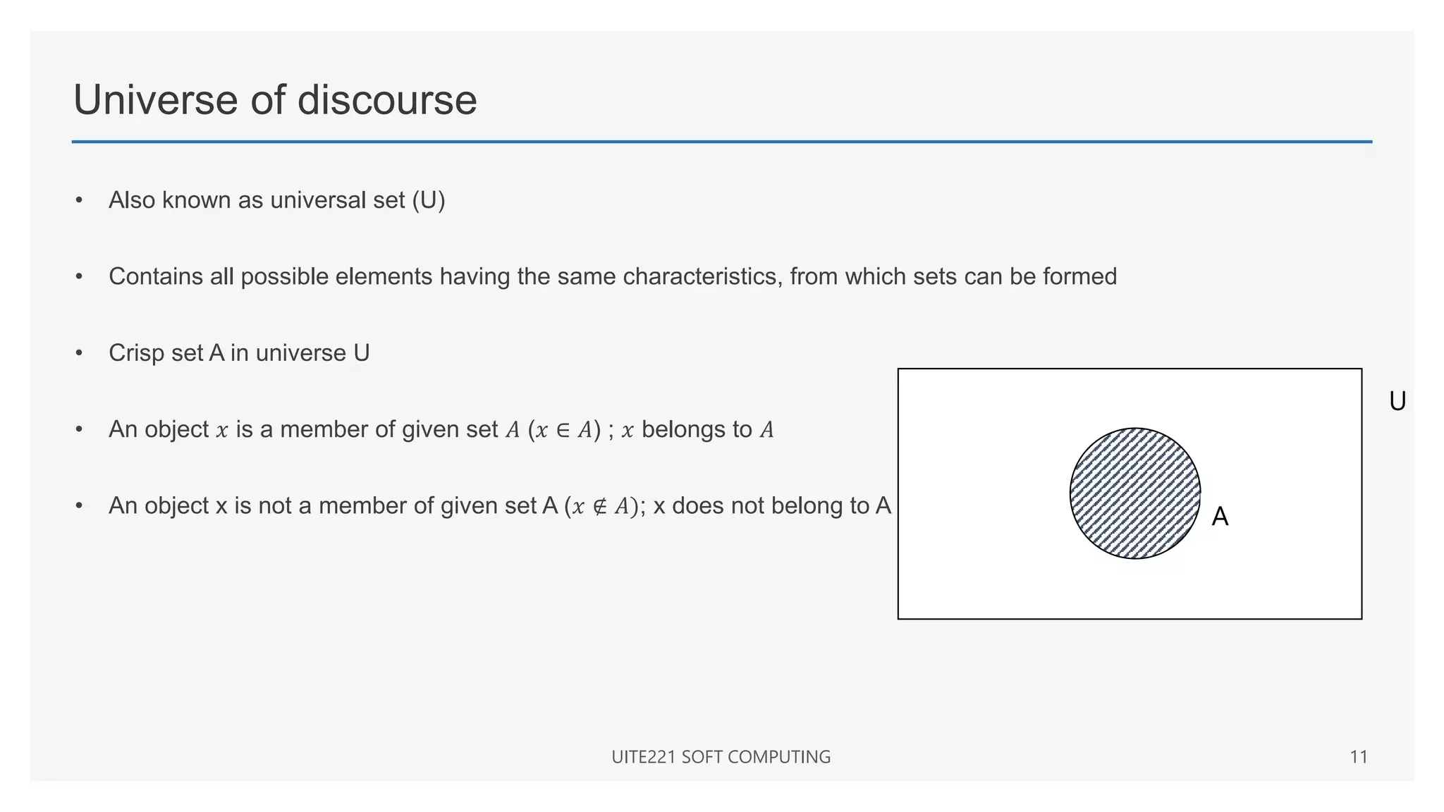 Universe of discourse
• Also known as universal set (U)
• Contains all possible elements having the same characteristics, from which sets can be formed
• Crisp set A in universe U
• An object 𝑥 is a member of given set 𝐴 (𝑥 ∈ 𝐴) ; 𝑥 belongs to 𝐴
• An object x is not a member of given set A (𝑥 ∉ 𝐴); x does not belong to A
UITE221 SOFT COMPUTING 11
U
A
 