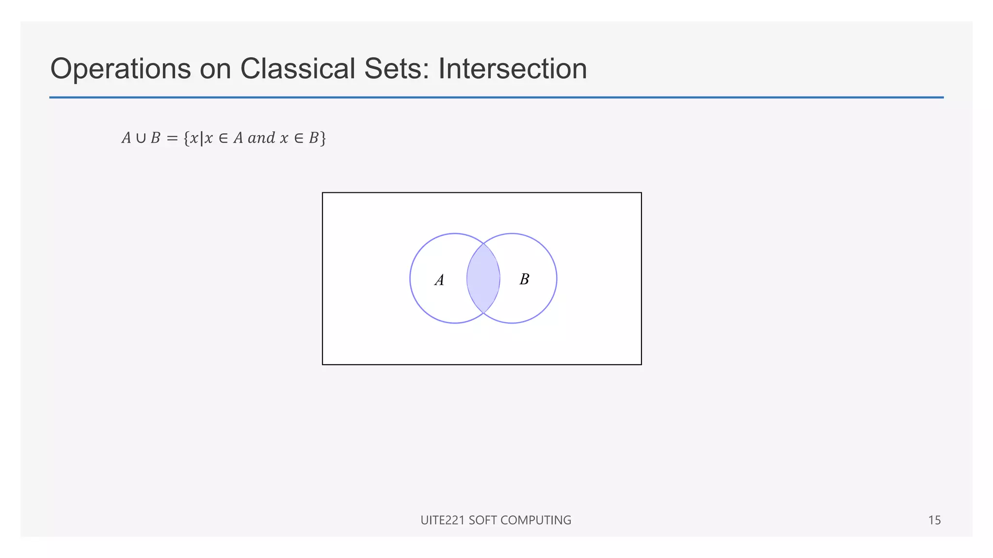 Operations on Classical Sets: Intersection
𝐴 ∪ 𝐵 = {𝑥|𝑥 ∈ 𝐴 𝑎𝑛𝑑 𝑥 ∈ 𝐵}
UITE221 SOFT COMPUTING 15
A B
 