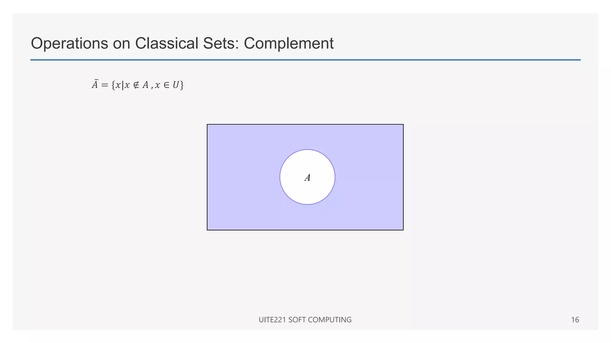 Operations on Classical Sets: Complement
𝐴 = {𝑥|𝑥 ∉ 𝐴 , 𝑥 ∈ 𝑈}
UITE221 SOFT COMPUTING 16
A
 