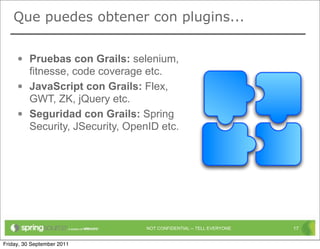 Que puedes obtener con plugins...


     • Pruebas con Grails: selenium,
       fitnesse, code coverage etc.
     • JavaScript con Grails: Flex,
       GWT, ZK, jQuery etc.
     • Seguridad con Grails: Spring
       Security, JSecurity, OpenID etc.




                                NOT CONFIDENTIAL -- TELL EVERYONE   17


Friday, 30 September 2011
 