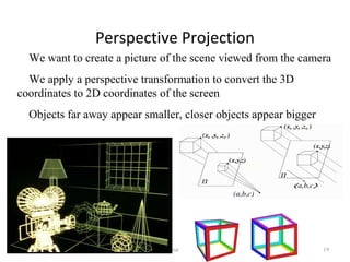 Perspective Projection
04/08/13 Lecture 1 19
We want to create a picture of the scene viewed from the camera
We apply a perspective transformation to convert the 3D
coordinates to 2D coordinates of the screen
Objects far away appear smaller, closer objects appear bigger
 