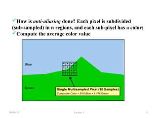 04/08/13 Lecture 1 31
How is anti-aliasing done? Each pixel is subdivided
(sub-sampled) in n regions, and each sub-pixel has a color;
Compute the average color value
 