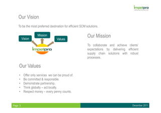 Our Vision
    To be the most preferred destination for efficient SCM solutions.


         Vision
                     Mission
                                    Values
                                                            Our Mission
                                                            To collaborate and achieve clients’
                                                            expectations by delivering efficient
                                                            supply chain solutions with robust
                                                            processes.

    Our Values
    •     Offer only services we can be proud of.
    •     Be committed & responsible.
    •     Demonstrate partnership.
    •     Think globally – act locally.
    •     Respect money – every penny counts.



Page 3                                                                                     December 2011
 