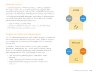 Attirer des visiteurs
La première étape de la méthodologie inbound marketing est d’attirer
des visiteurs. C’est-à-dire, amener des personnes susceptibles d’être
intéressées par vos produits sur le site web. Un visiteur est une personne
qui navigue sur un site web et qui n’a pas encore interagit avec l’entreprise.
Les moteurs de recherche et les réseaux sociaux sont les deux canaux les
plus utilisés pour amener des visiteurs sur un site web. Trois stratégies
sont à privilégier pour cette étape d’attraction :
Engager une relation avec des prospects
Une fois que des visiteurs sont sur votre site web, l’enjeu est d’engager une
relation de confiance avec des prospects. Un visiteur devient un prospect
lorsqu’il fournit ses informations professionnelles (prénom, nom, email,
fonction, etc.).
En mettant à disposition des contenus premium téléchargeables
gratuitement le visiteur sera prêt à donner ses informations. Il pourra
le faire en s’abonnant à la newsletter grâce à son adresse email ou en
téléchargeant un ebook après avoir complété un formulaire.
9/16
•	 Créer du contenu autour d’un blog
•	 Optimiser le référencement sur les moteurs de recherche (SEO)
•	 Prendre la parole sur les réseaux sociaux
•	 Créer des contenus premium (ebooks, livres blancs, vidéos,
webinars...)
•	 Mettre à disposition ces contenus sur votre site web
•	 Proposer de les télécharger gratuitement en complétant un
formulaire
WWW.MYCHEFCOM.COM
 