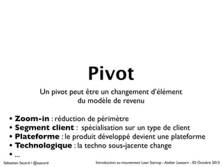 Pivot
                     Un pivot peut être un changement d’élément
                                du modèle de revenu

   • Zoom-in : réduction de périmètre
   • Segment client : spécialisation sur un type de client
   • Plateforme : le produit développé devient une plateforme
   • Technologique : la techno sous-jacente change
   • ...
Sébastien Sacard / @ssacard          Introduction au mouvement Lean Startup - Atelier Leeaarn - 02 Octobre 2012
 