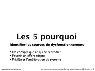 Les 5 pourquoi
           Identiﬁer les sources de dysfonctionnement

           • Ne corriger que ce qui se reproduit
           • Fournir un effort adapté
           • Privilégier l’amélioration du système

Sébastien Sacard / @ssacard       Introduction au mouvement Lean Startup - Atelier Leeaarn - 02 Octobre 2012
 