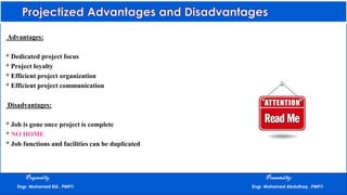 Advantages:
* Dedicated project focus
* Project loyalty
* Efficient project organization
* Efficient project communication
Disadvantages:
* Job is gone once project is complete
* NO HOME
* Job functions and facilities can be duplicated
Preparedby Presentedby:
Engr. Mohamed Eid , PMP® Engr. Mohamed Abdulhaq , PMP®
 