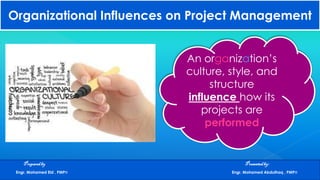 Organizational Influences on Project Management
Preparedby Presentedby:
Engr. Mohamed Eid , PMP® Engr. Mohamed Abdulhaq , PMP®
An organization’s
culture, style, and
structure
influence how its
projects are
performed
 