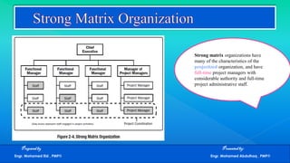 Preparedby Presentedby:
Engr. Mohamed Eid , PMP® Engr. Mohamed Abdulhaq , PMP®
Strong matrix organizations have
many of the characteristics of the
projectized organization, and have
full-time project managers with
considerable authority and full-time
project administrative staff.
 