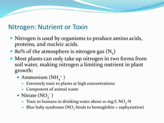 Nitrogen: Nutrient or Toxin
 Nitrogen is used by organisms to produce amino acids,
proteins, and nucleic acids.
 80% of the atmosphere is nitrogen gas (N2)
 Most plants can only take up nitrogen in two forms from
soil water, making nitrogen a limiting nutrient in plant
growth:
 Ammonium (NH4
+ )
 Extremely toxic to plants at high concentrations
 Component of animal waste
 Nitrate (NO3
- )
 Toxic to humans in drinking water above 10 mg/L NO3-N
 Blue baby syndrome (NO3 binds to hemoglobin = asphyxiation)
 