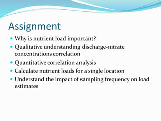 Assignment
 Why is nutrient load important?
 Qualitative understanding discharge-nitrate
concentrations correlation
 Quantitative correlation analysis
 Calculate nutrient loads for a single location
 Understand the impact of sampling frequency on load
estimates
 