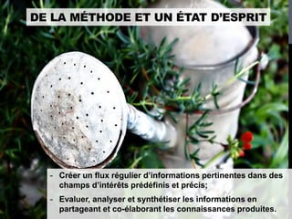 DE LA MÉTHODE ET UN ÉTAT D’ESPRIT




  - Créer un flux régulier d’informations pertinentes dans des
    champs d’intérêts prédéfinis et précis;
  - Evaluer, analyser et synthétiser les informations en
    partageant et co-élaborant les connaissances produites.
 