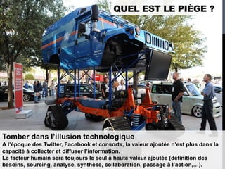 QUEL EST LE PIÈGE ?




Tomber dans l’illusion technologique
A l’époque des Twitter, Facebook et consorts, la valeur ajoutée n’est plus dans la
capacité à collecter et diffuser l’information.
Le facteur humain sera toujours le seul à haute valeur ajoutée (définition des
besoins, sourcing, analyse, synthèse, collaboration, passage à l’action,…).
 