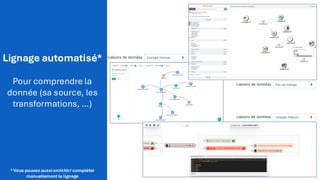 Lignage automatisé*
Pour comprendre la
donnée (sa source, les
transformations, …)
* Vous pouvez aussi enrichir/ compléter
manuellement le lignage
 