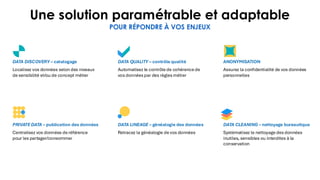 Localisez vos données selon des niveaux
de sensibilité et/ou de concept métier
DATA DISCOVERY – catalogage
Automatisez le contrôle de cohérence de
vosdonnéespar des règlesmétier
DATA QUALITY – contrôle qualité
Assurez la confidentialité de vos données
personnelles
ANONYMISATION
Centralisez vos données de référence
pour les partager/consommer
PRIVATE DATA – publication des données
Retracez la généalogie de vos données
DATA LINEAGE – généalogie des données
Systématisez le nettoyage desdonnées
inutiles, sensibles ou interdites à la
conservation
DATA CLEANING – nettoyage bureautique
Une solution paramétrable et adaptable
POUR RÉPONDRE À VOS ENJEUX
 