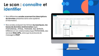 Le scan : connaître et
identifier
▪ Nos différentes sondes scannent les descriptions
de données présentes dans votre système
d’information.
▪ Nos sondes analysent les fichiers bureautiques, les
bases de données relationnelles (type
POSTGRESQL, MYSQL, MARIADB, SQL SERVER,
ORACLE) et non relationnelles (type MONGODB), des
services Web–APIs, ainsi que le protocole de
messagerie IMAP.
1 2
 