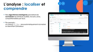 L’analyse : localiser et
comprendre
▪ Nos algorithmes intelligents permettent de
normaliser les attributs audités. Ils sont, ainsi,
compréhensibles par tous.
▪ Par exemple :
un champ ID_Usr sera automatiquement normalisé
en Identifiant Utilisateur.
3 4
 