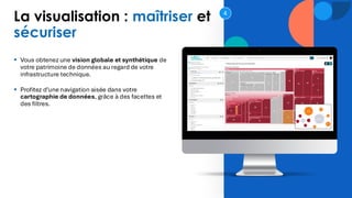 La visualisation : maîtriser et
sécuriser
▪ Vous obtenez une vision globale et synthétique de
votre patrimoine de données au regard de votre
infrastructure technique.
▪ Profitez d’une navigation aisée dans votre
cartographie de données, grâce à des facettes et
des filtres.
4
 