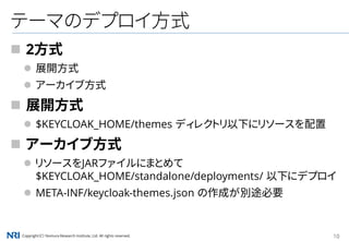 Copyright（C） Nomura Research Institute, Ltd. All rights reserved. 10
テーマのデプロイ方式
 2方式
 展開方式
 アーカイブ方式
 展開方式
 $KEYCLOAK_HOME/themes ディレクトリ以下にリソースを配置
 アーカイブ方式
 リソースをJARファイルにまとめて
$KEYCLOAK_HOME/standalone/deployments/ 以下にデプロイ
 META-INF/keycloak-themes.json の作成が別途必要
 