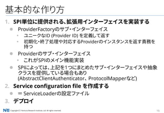 Copyright（C） Nomura Research Institute, Ltd. All rights reserved. 15
基本的な作り方
1. SPI単位に提供される、拡張用インターフェイスを実装する
 ProviderFactoryのサブ・インターフェイス
▪ ユニークなID (Provider ID) を定義して返す
▪ 初期化・終了処理や対応するProviderのインスタンスを返す責務を
持つ
 Providerのサブ・インターフェイス
▪ これがSPIのメイン機能実装
 SPIによっては、上記を1つにまとめたサブ・インターフェイスや抽象
クラスを提供している場合もあり
(AbstractClientAuthenticator、 ProtocolMapperなど)
2. Service configuration file を作成する
 ＝ ServiceLoaderの設定ファイル
3. デプロイ
 