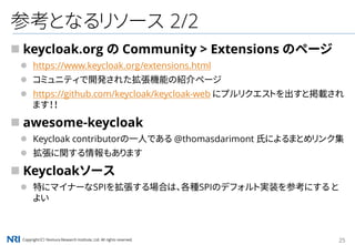 Copyright（C） Nomura Research Institute, Ltd. All rights reserved. 25
参考となるリソース 2/2
 keycloak.org の Community > Extensions のページ
 https://www.keycloak.org/extensions.html
 コミュニティで開発された拡張機能の紹介ページ
 https://github.com/keycloak/keycloak-web にプルリクエストを出すと掲載され
ます！！
 awesome-keycloak
 Keycloak contributorの一人である @thomasdarimont 氏によるまとめリンク集
 拡張に関する情報もあります
 Keycloakソース
 特にマイナーなSPIを拡張する場合は、各種SPIのデフォルト実装を参考にする と
よい
 
