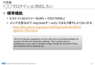 Copyright（C） Nomura Research Institute, Ltd. All rights reserved. 35
中級編
「○○でログイン」に対応したい
 標準機能
 ビルトインはメジャーなIdPs + OIDC/SAML2
 メンテ大変なので、Keycloakチームとしてはもう増やしたくないかも
▪http://lists.jboss.org/pipermail/keycloak-dev/2019-
April/011992.html
We've not had any requests for vk.com until now so we would probably not
accept it into the core Keycloak codebase. This is simply down to
maintenance. If you want to develop a plugin though we can link to it from
the extensions list on keycloak.org.
 