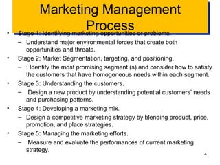 Marketing Management
Process
Marketing Management
Process• Stage 1: Identifying marketing opportunities or problems.
– Understand major environmental forces that create both
opportunities and threats.
• Stage 2: Market Segmentation, targeting, and positioning.
– : Identify the most promising segment (s) and consider how to satisfy
the customers that have homogeneous needs within each segment.
• Stage 3: Understanding the customers.
– Design a new product by understanding potential customers’ needs
and purchasing patterns.
• Stage 4: Developing a marketing mix.
– Design a competitive marketing strategy by blending product, price,
promotion, and place strategies.
• Stage 5: Managing the marketing efforts.
– Measure and evaluate the performances of current marketing
strategy.
4
 