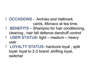  OCCASIONS - Archies and Hallmark
cards, Monaco at tea time.
 BENEFITS – Shampoo for hair conditioning,
cleaning , hair fall defence dandruff control
 USER STATUS- light – medium – heavy
user
 LOYALTY STATUS- hardcore loyal , split
loyal- loyal to 2-3 brand ,shifting loyal,
switcher
 