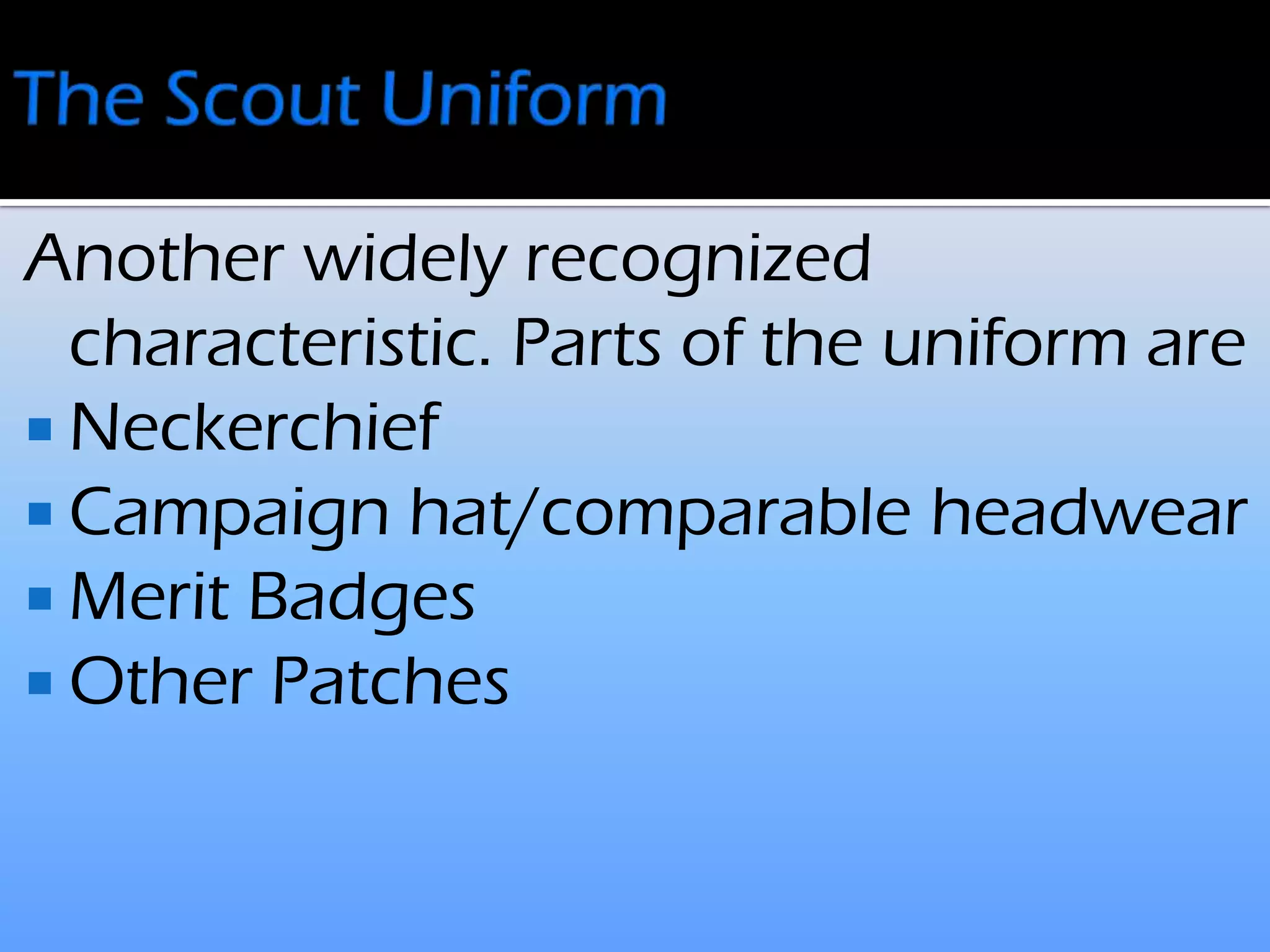 Another widely recognized
characteristic. Parts of the uniform are
Neckerchief
Campaign hat/comparable headwear
Merit Badges
Other Patches