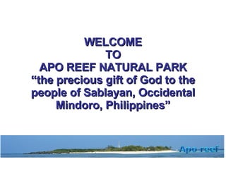 WELCOME TO APO REEF NATURAL PARK “the precious gift of God to the people of Sablayan, Occidental Mindoro, Philippines” 