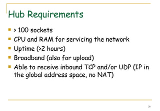 Hub Requirements > 100 sockets CPU and RAM for servicing the network Uptime (>2 hours) Broadband (also for upload) Able to receive inbound TCP and/or UDP (IP in the global address space, no NAT) 
