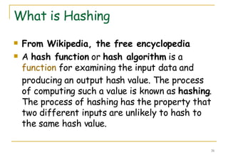 What is Hashing From Wikipedia, the free encyclopedia A  hash function  or  hash algorithm  is a  function  for examining the input data and producing an output hash value. The process of computing such a value is known as  hashing . The process of hashing has the property that two different inputs are unlikely to hash to the same hash value. 