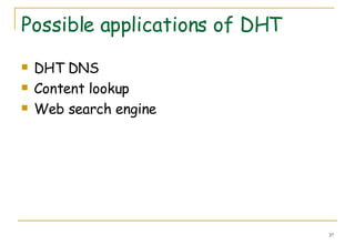 Possible applications of DHT DHT DNS Content lookup Web search engine 