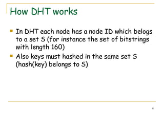 How DHT works In DHT each node has a node ID which belogs to a set S (for instance the set of bitstrings with length 160) Also keys must hashed in the same set S (hash(key) belongs to S) 