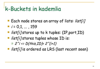 k-Buckets in kademlia  Each node stores an array of lists:  list[i] i  = 0,1, ... , 159 list[i]  stores up to k tuples: (IP,port,ID) list[i]  stores tuples whose ID is:  2^i <= D(this,ID)< 2^(i+1) list[i]  is ordered as LRS (last recent seen) 